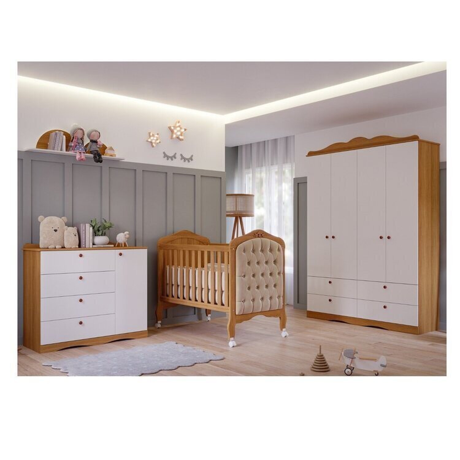 Quarto De Bebê 3 Peças Com Berço Capitonê Cômoda 4 Gavetas E Guarda-roupa 4 Pts 4 Gavetas Aquarella Espresso Móveis Nature/branco