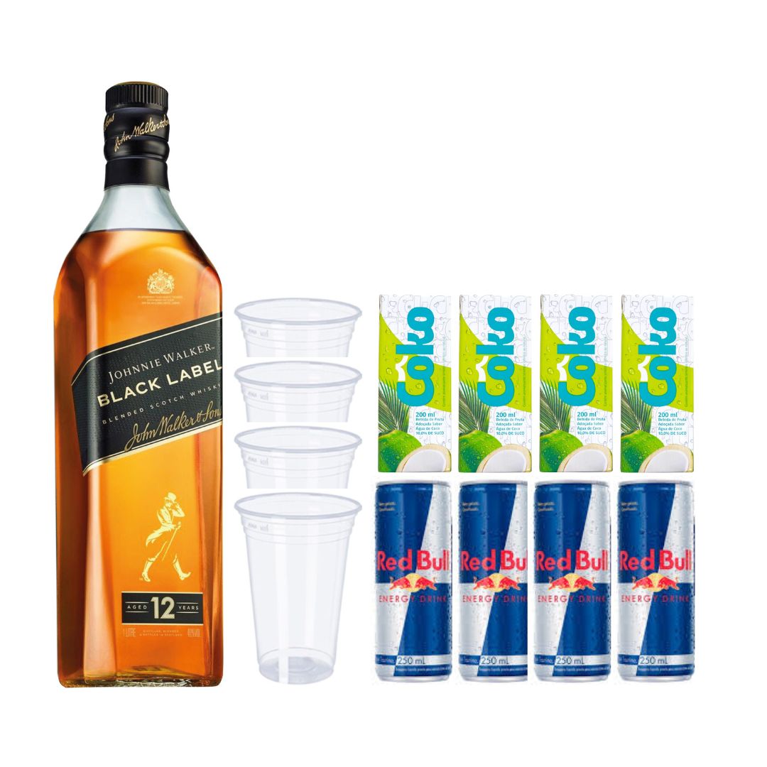 Combo Whisky Black Label 1l + 4 Red Bull + 4 Água De Coco