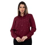 Camisa Social Feminina Manga Longa Slim Vinho Com Strass