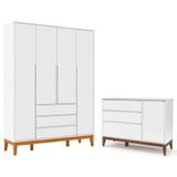 Cômoda Com Porta E Guarda Roupa Infantil Nature Clean 4 Portas Branco Soft Eco Wood - Matic