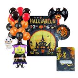 Kit Decoração Festa Halloween: Painel Mesa + 4 Balões Metalizados + 50 Bexigas + 1 Toalha Mesa Temática Metalizada