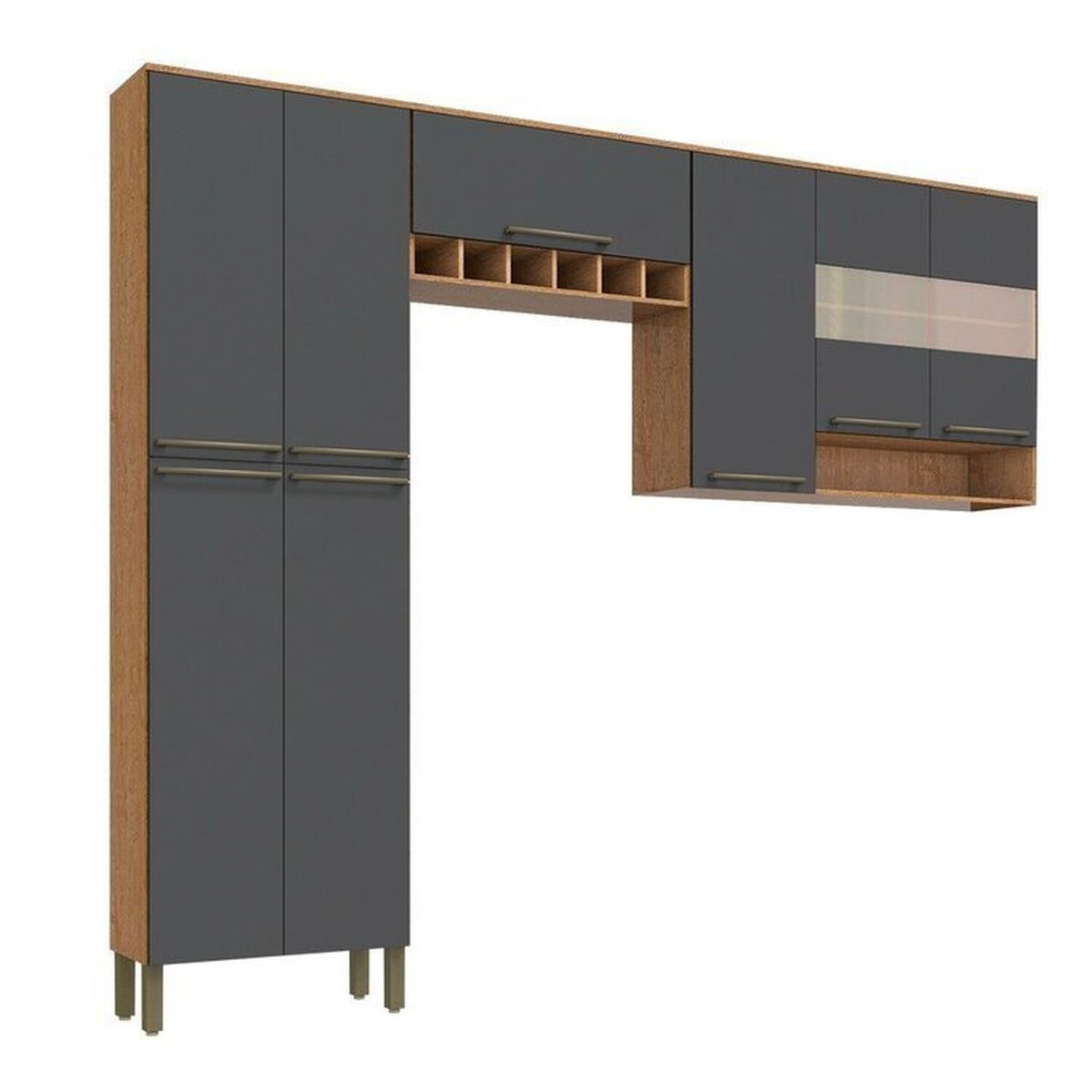 Cozinha Modulada Completa 3 Peças 8 Portas Com Vidro Reflecta 100% Mdf Itália Espresso Móveis Castanho/cinza