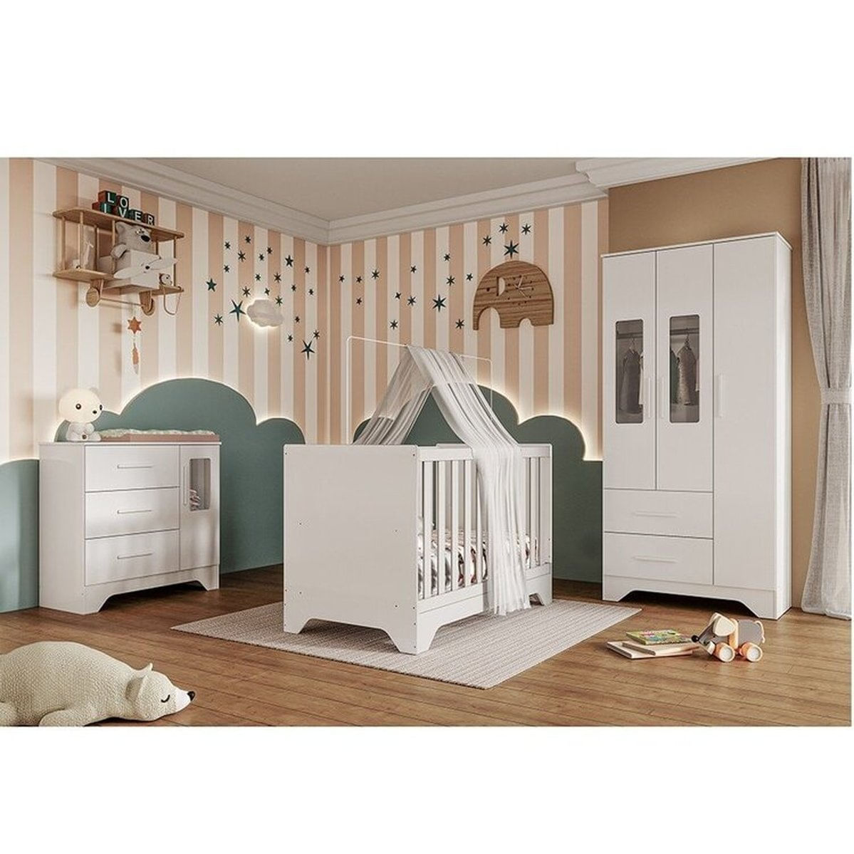 Quarto De Bebê Completo Guarda-roupa E Cômoda Com Janelas E Berço 100% Mdf Liam Espresso Móveis Branco Brilho