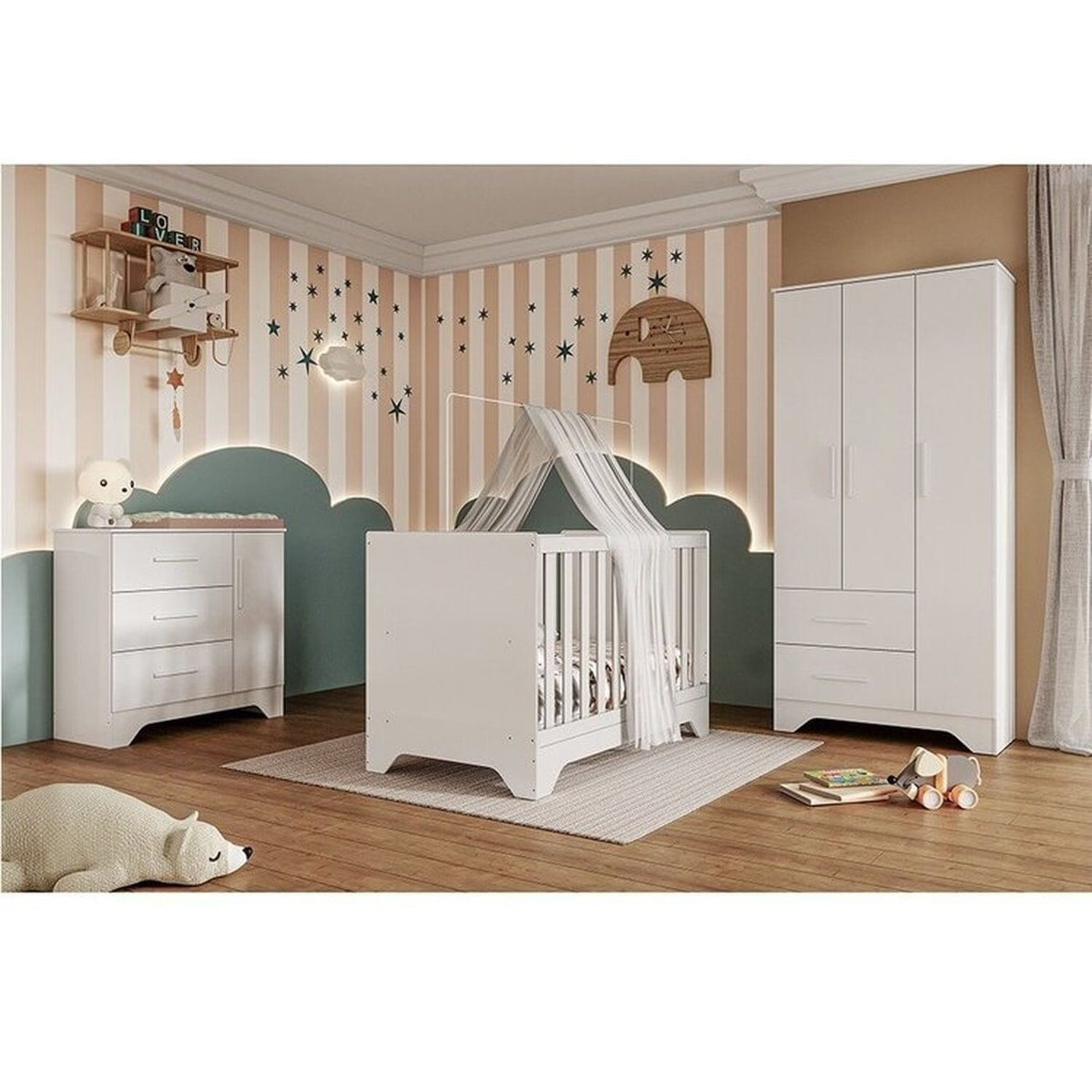 Quarto De Bebê Completo Guarda-roupa E Cômoda E Berço Minicama 100% Mdf Liam Espresso Móveis Branco Brilho