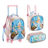 Kit Mochila Rodinha Lancheira Térmica Estojo Duplo Infantil Escolar Menina Princesa Cinderela