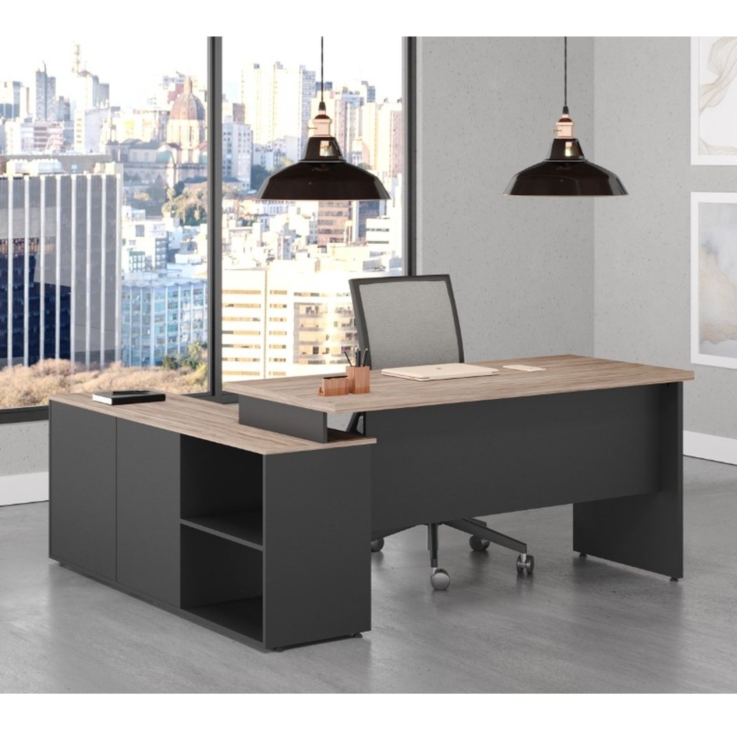 Mesa Para Escritório Diretor Em L 170x150cm Com Armário 1 Porta 1 Gaveta E 1 Pasta Suspensa Espresso Móveis Marrom/preto