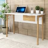 Mesa Escritório 120cm 1 Gaveta Pés Em Madeira Maciça Fellicci Branco/wood