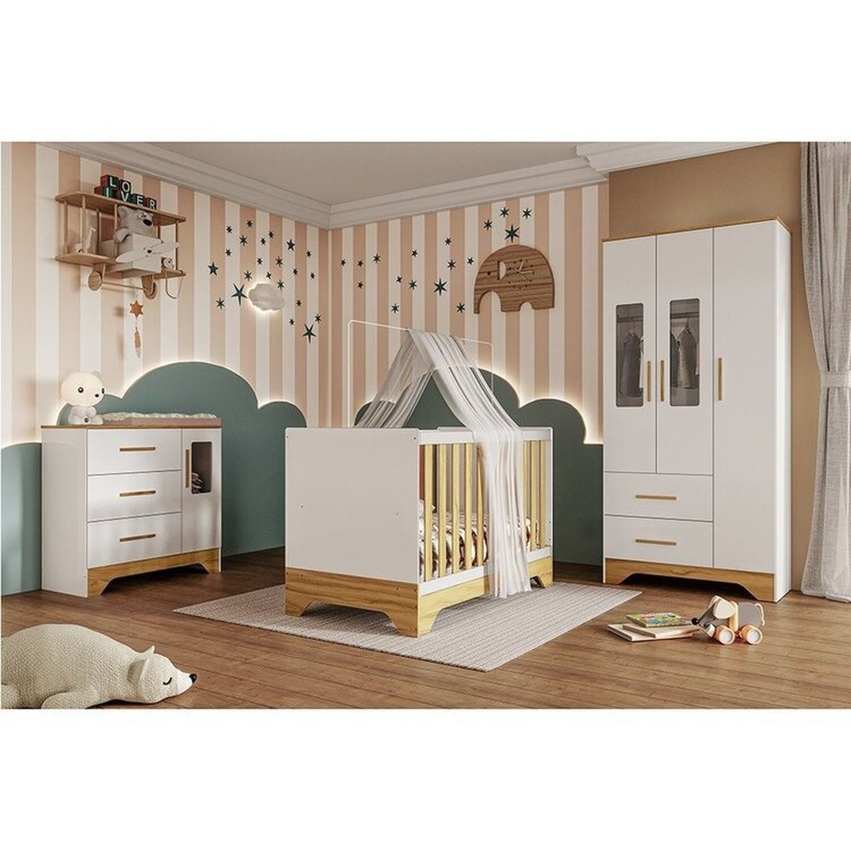 Quarto De Bebê Completo Guarda-roupa E Cômoda Com Janelas E Berço 100% Mdf Liam Espresso Móveis Branco Brilho/amêndoa