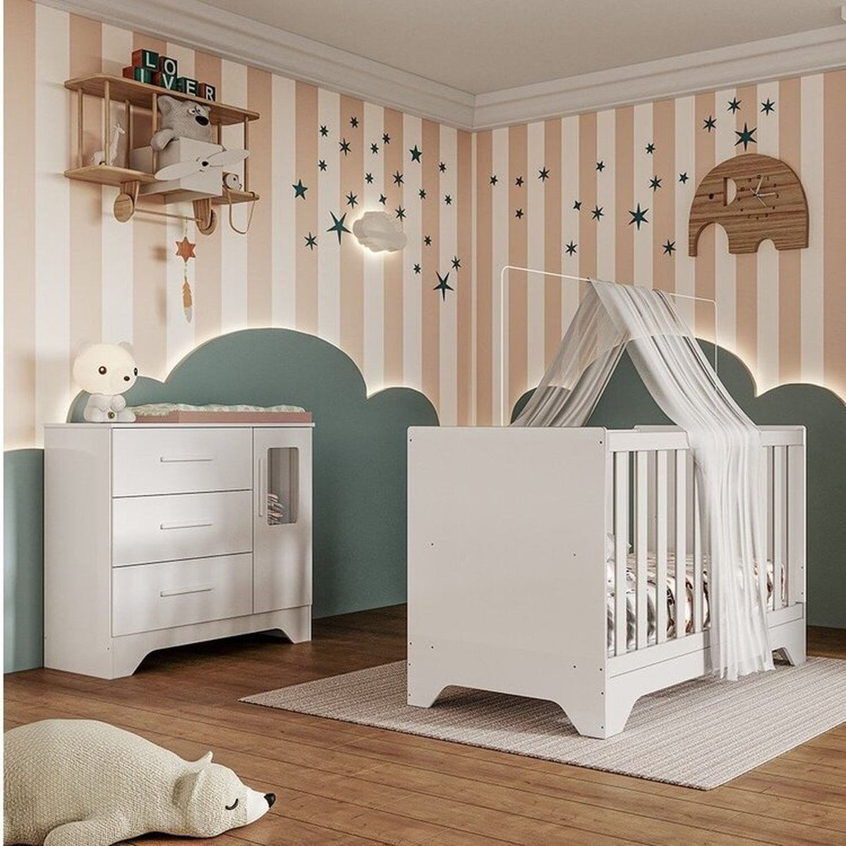 Quarto De Bebê Cômoda 1 Porta Com Janela E Berço Minicama 100% Mdf Liam Espresso Móveis Branco Brilho