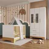 Quarto De Bebê Guarda-roupa Com Janelas E Berço Minicama 100% Mdf Liam Espresso Móveis Branco Brilho/amêndoa