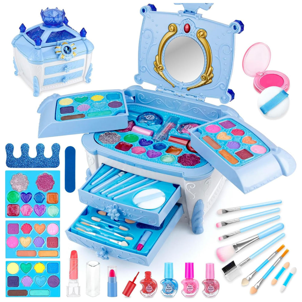 Kit De Maquiagem Infantil Com 50 Peças E Caixa Estojo Portátil Para Crianças De 3 A 12 Anos, Babbyo Princesa Casstle, Azul