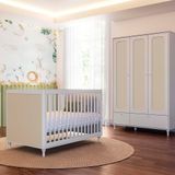 Kit Quarto Infantil Rattan - Berço Americano + Cômoda 6 Gavetas + Guarda-roupa Rattan Com 3 Portas E 2 Gavetas - Branco Fosco