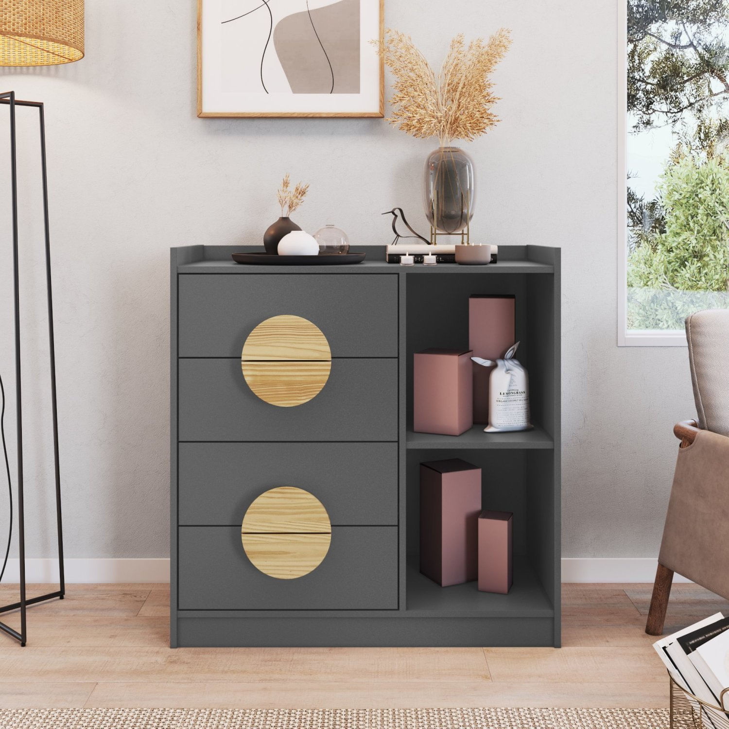 Cômoda 4 Gavetas 2 Nichos Ares Grafite