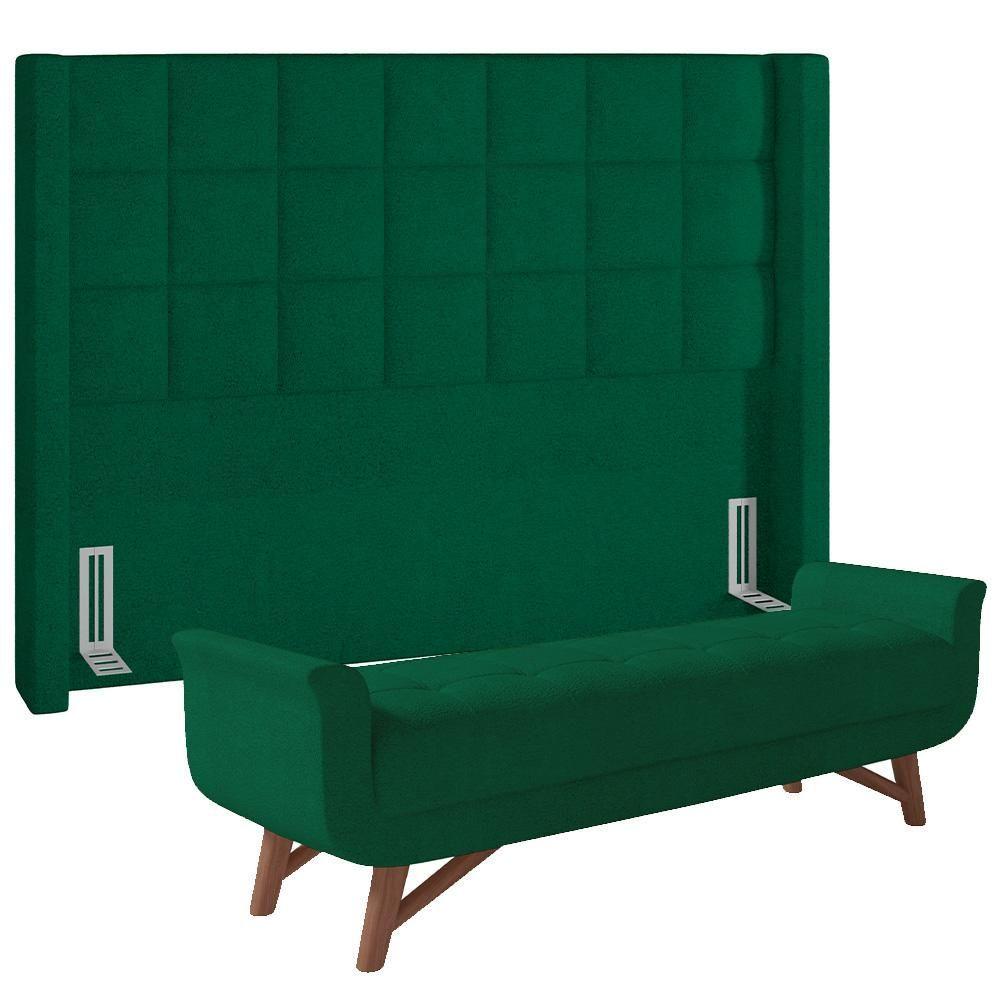 Kit Cabeceira Cama Box Paris 160cm Com Puff Recamier Itália P05 Bouclê Verde