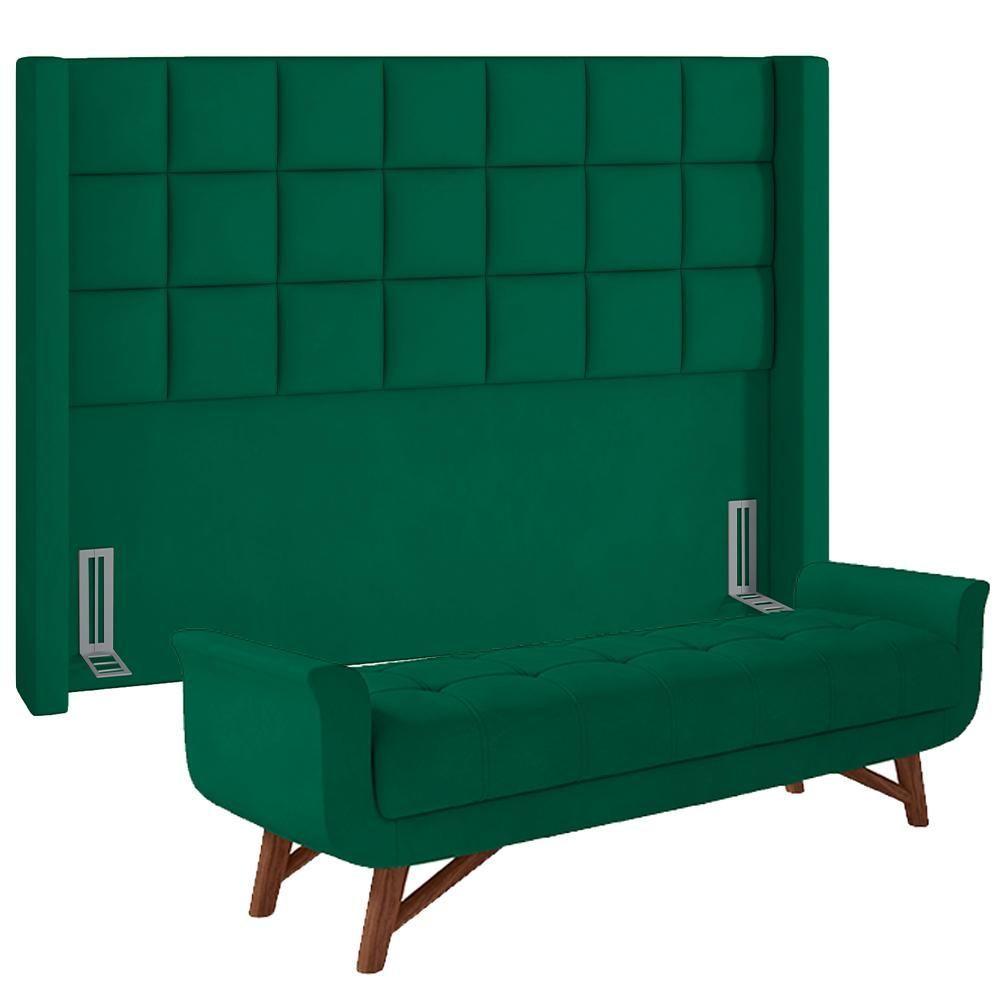 Kit Cabeceira Cama Box Casal 140cm Paris Com Puff Recamier Itália Veludo Verde - Lyam