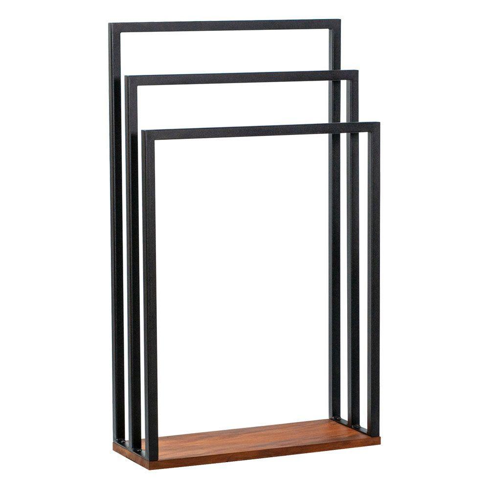 Porta Toalha Para 3 Toalhas Eleganza 50 Cm Metal Preto E Madeira