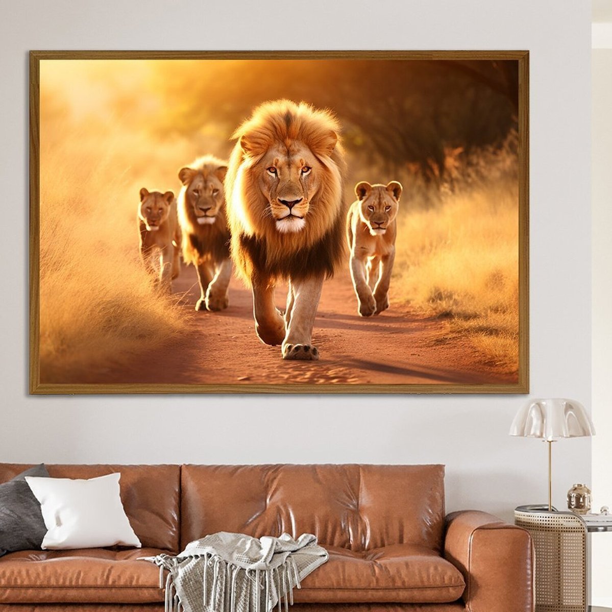 Quadro Decorativo 1 Tela Animais Leões Caminhando No Campo Sol Diversos Tamanhos Branco