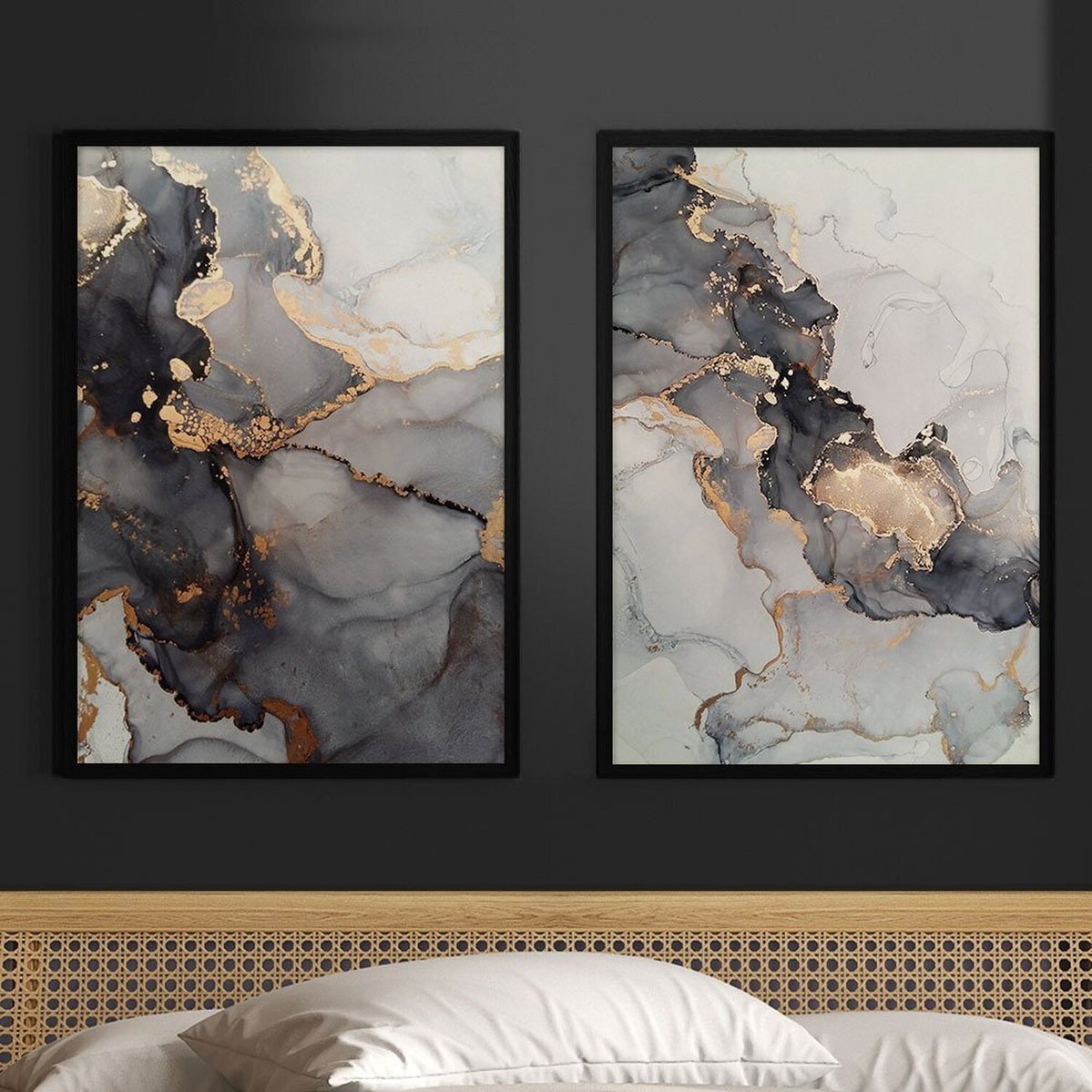 Quadro Decorativo 2 Telas Abstrato  E Dourado Diversos Tamanhos Branco