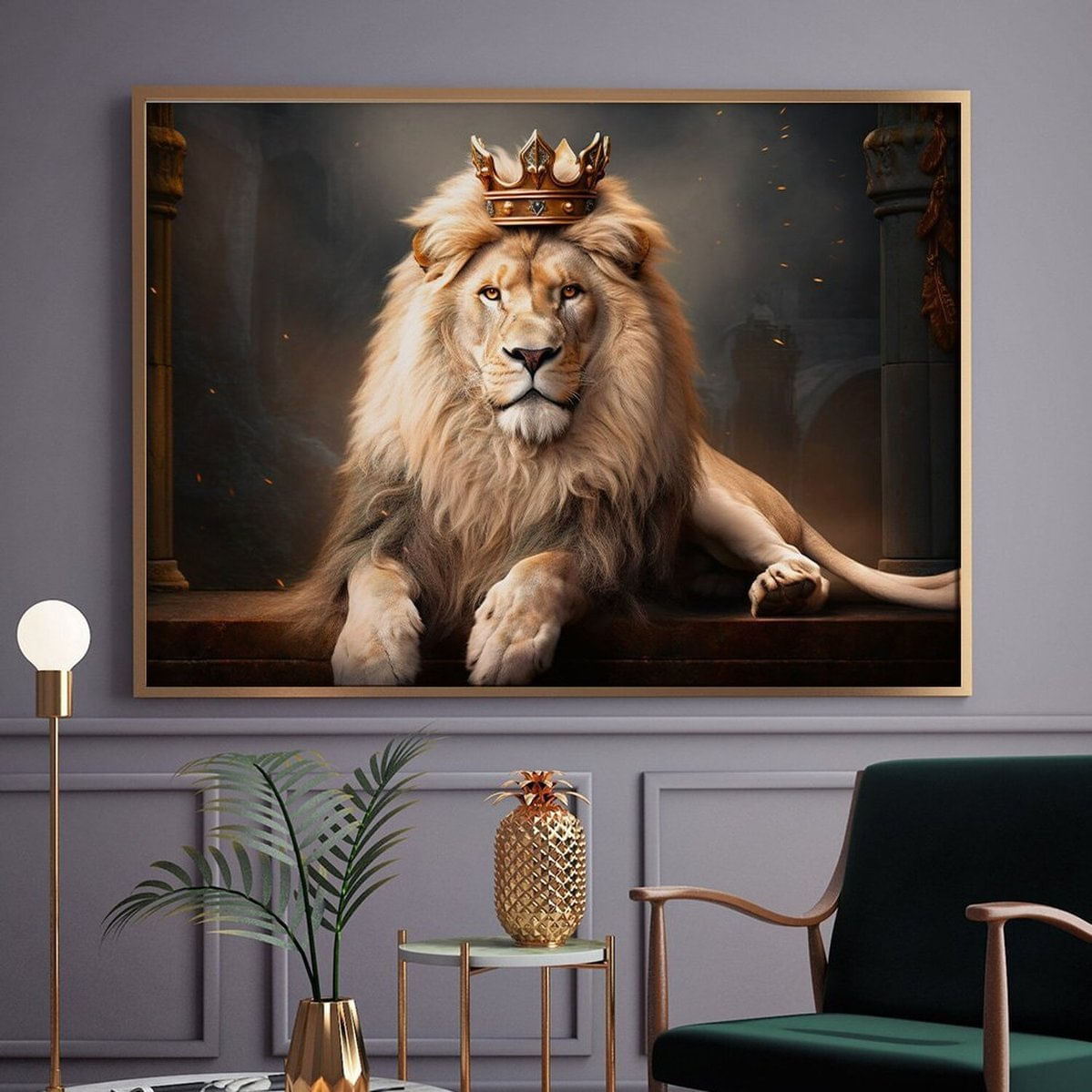 Quadro Decorativo 1 Tela Animais Leão Rei Em Trono Diversos Tamanhos Branco