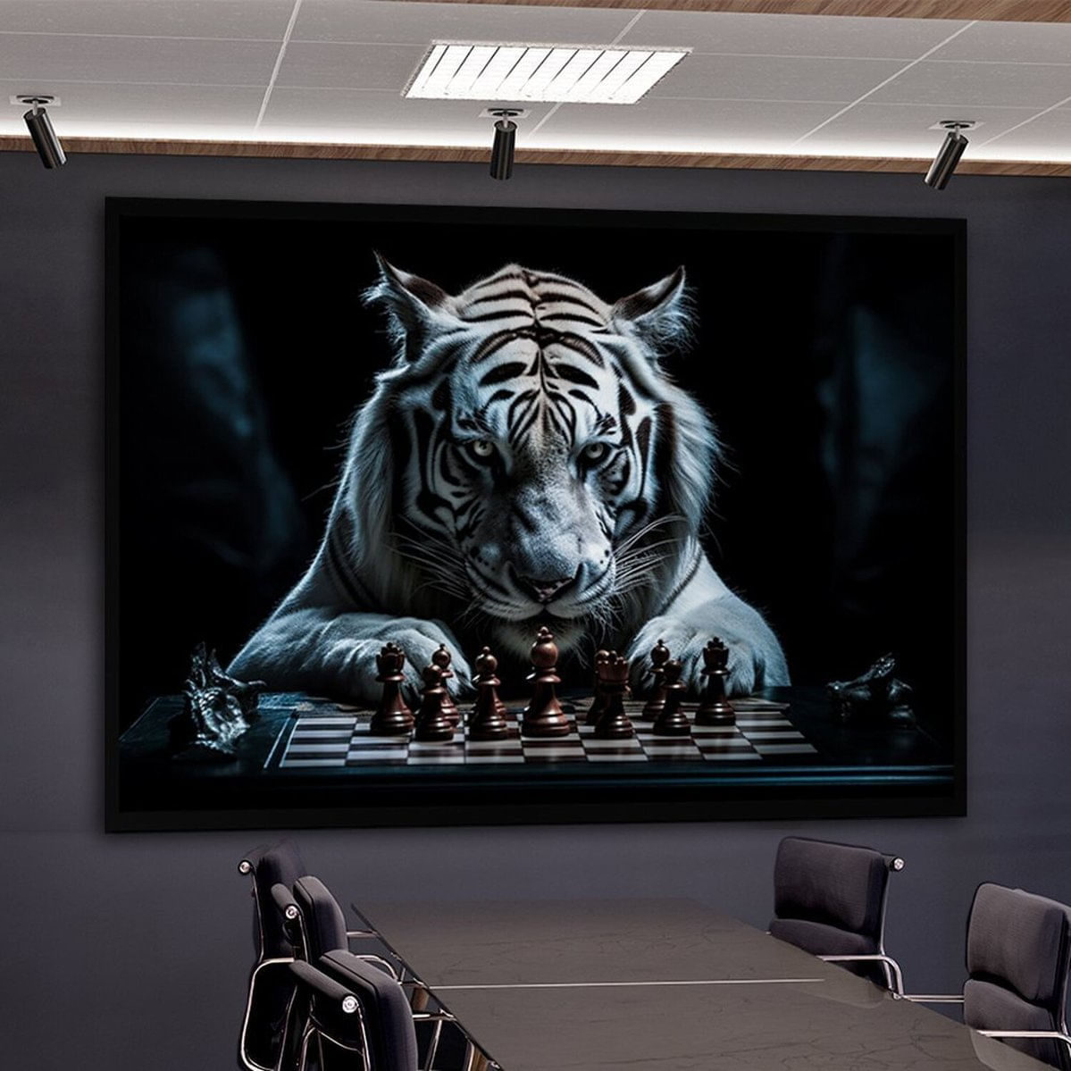 Quadro Decorativo 1 Tela Animais Tigre De Bengala  Jogando Xadrez Diversos Tamanhos Branco