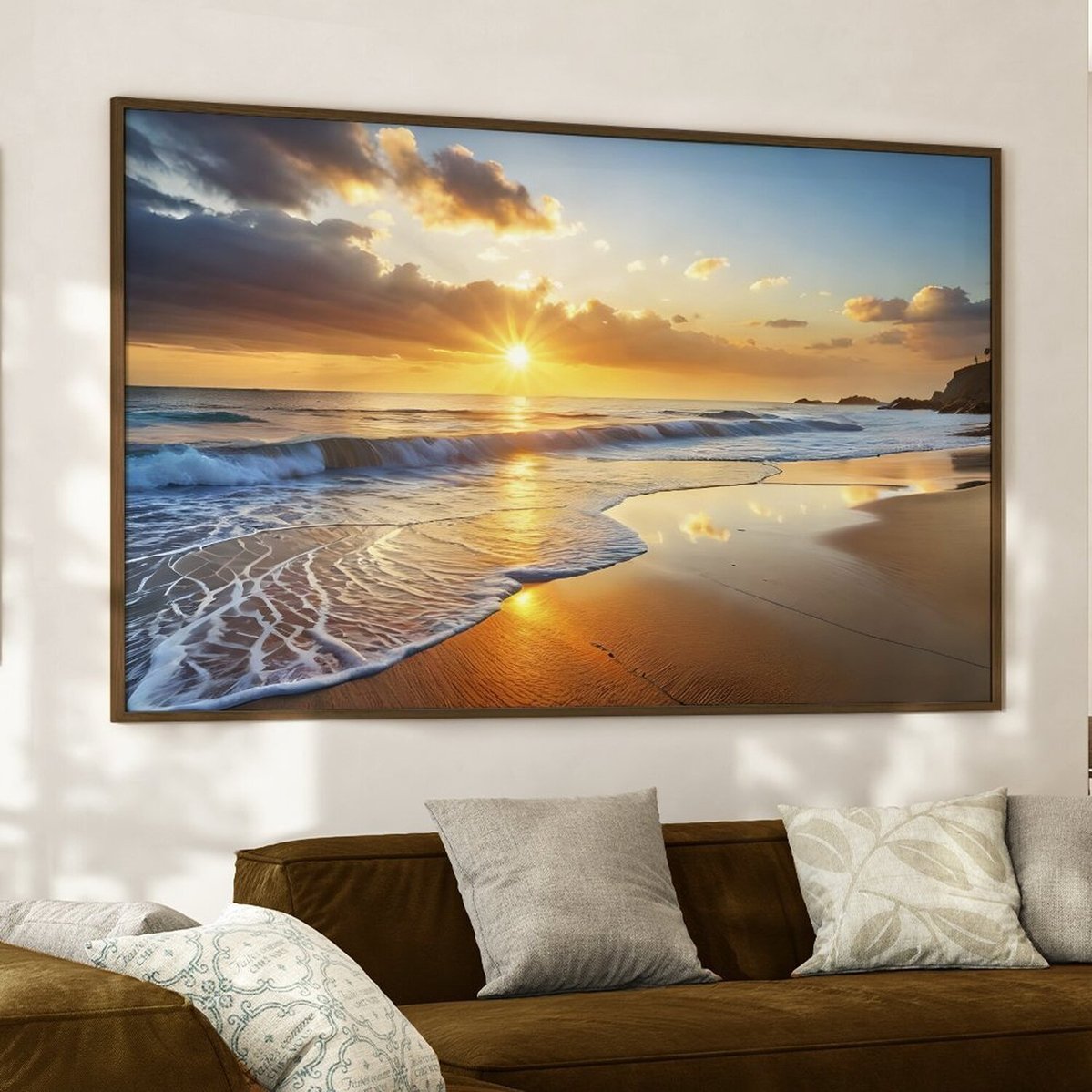 Quadro Decorativo 1 Tela Praia E Pôr Do Sol  Diversos Tamanhos Branco