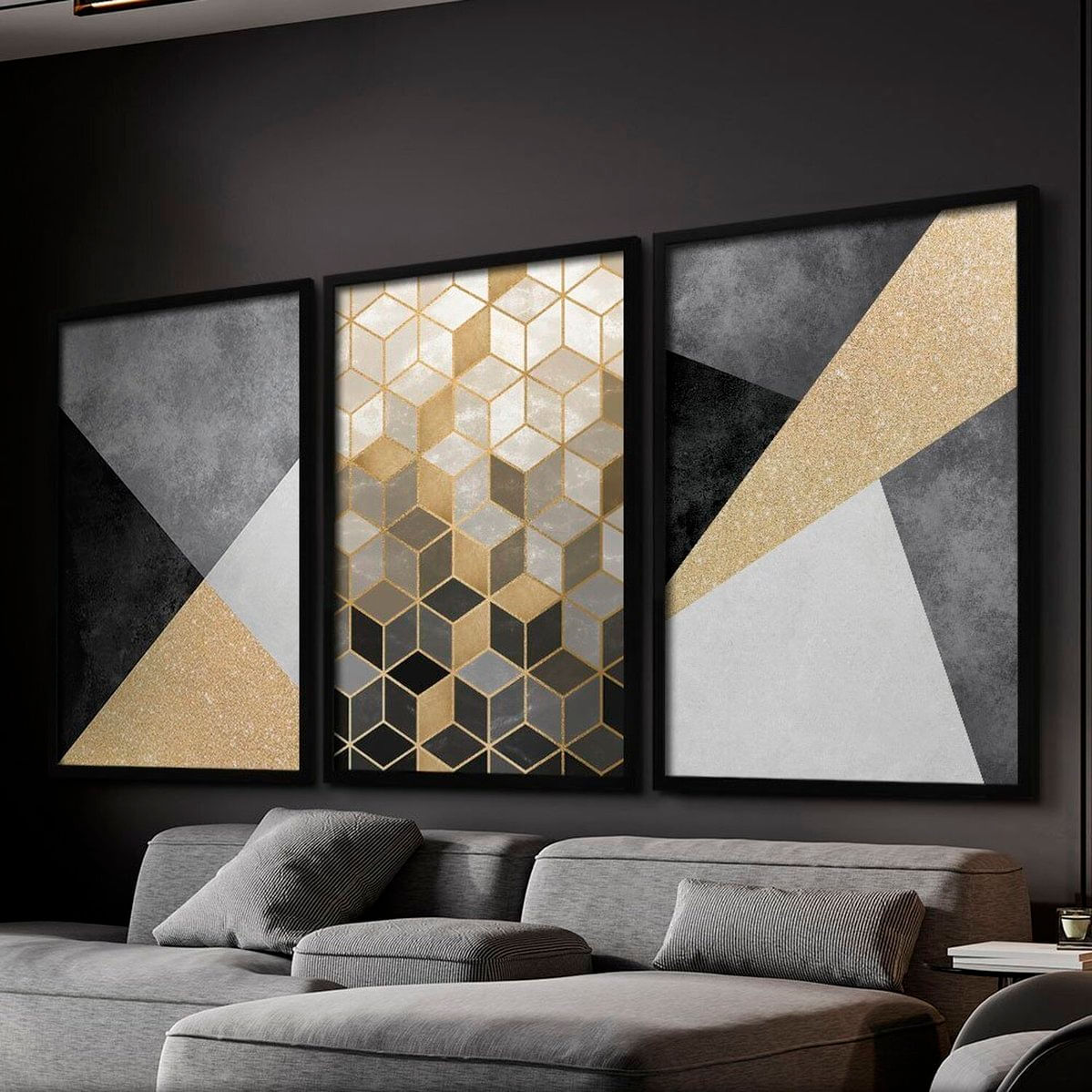 Quadro Decorativo 3 Telas Dourado Diversos Tamanhos Branco