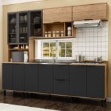 Cozinha Modulada Toscana 5 Peças Mdf Com Aéreo 1200 Porta De Vidro E Paneleiro Freijó/nero
