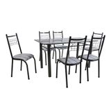 Conjunto de Mesa Granada com 6 Cadeiras Lisboa Preto Prata e Preto Listrado