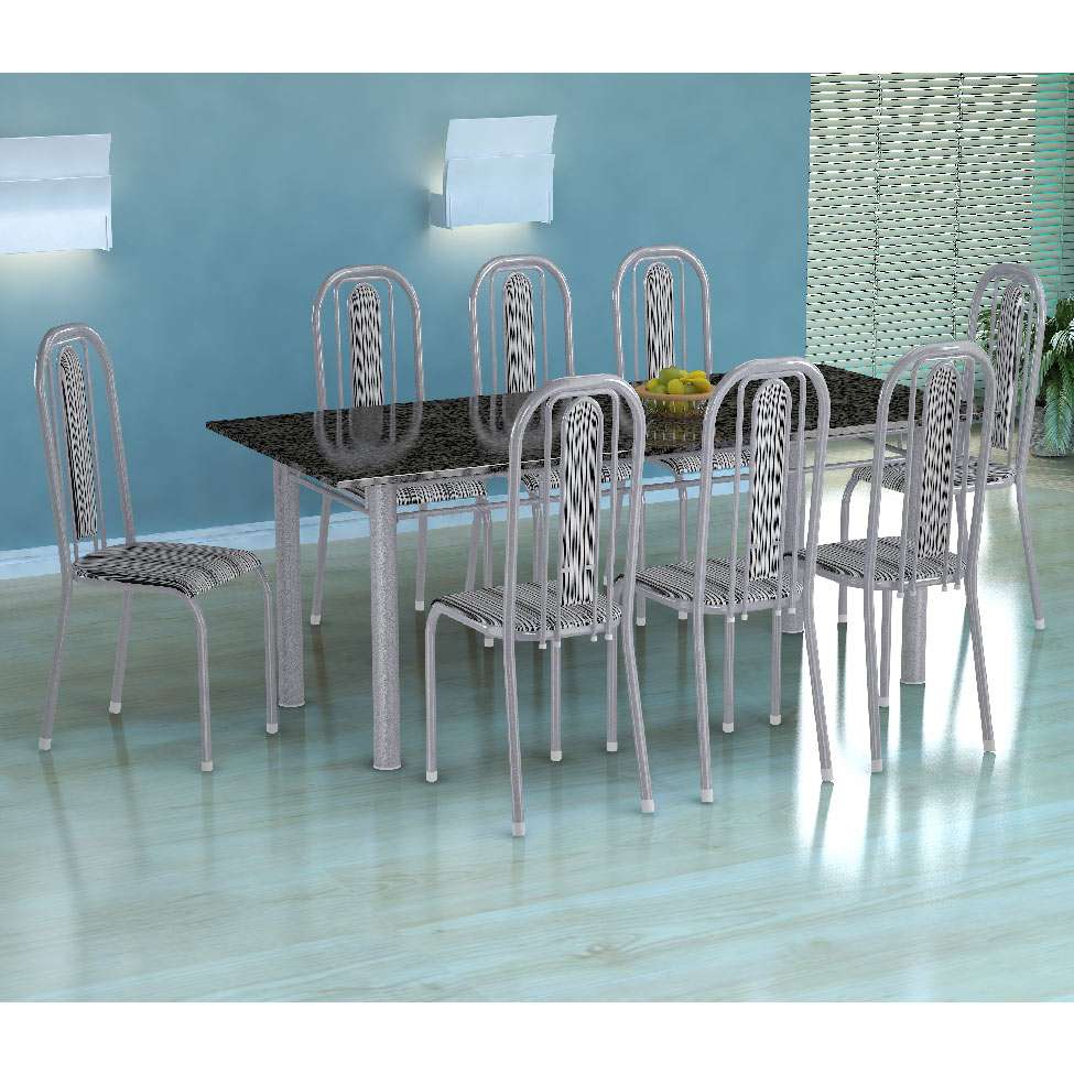 Menor preço em Conjunto de Mesa Córdoba com 8 Cadeiras Granada Branco Prata e Preto Listrado