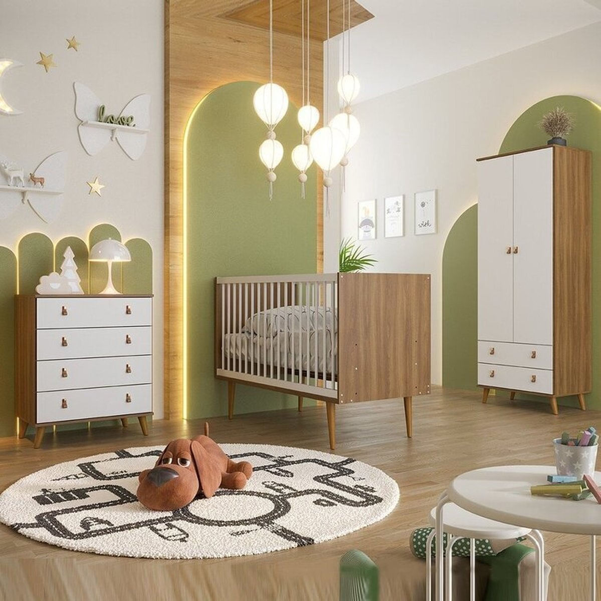 Quarto Infantil Completo Com Guarda Roupa 2 Portas 2 Gavetas Cômoda 4 Gavetas E Berço Encanto Nogal Manchester/ Branco Brilhante