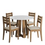 Conjunto De Mesa Sala De Jantar Athenas Redonda 1,03m 4 Cadeiras Dakar Cedro / Off White / Bege Dobuê