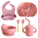 Conjunto Introdução Alimentar Para Bebê De Silicone 6 Peças Prato Talheres Copo Bowl E Babador