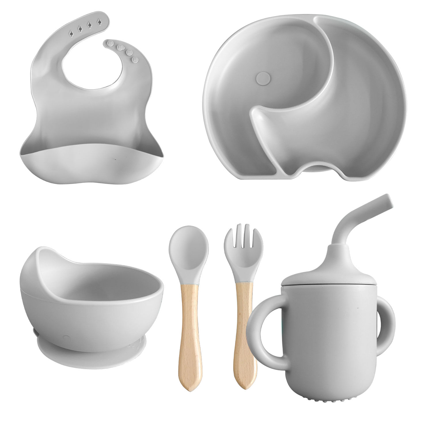 Conjunto Introdução Alimentar Para Bebê De Silicone 6 Peças Prato Talheres Copo Bowl E Babador