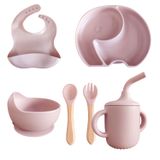 Conjunto Introdução Alimentar Para Bebê De Silicone 6 Peças Prato Talheres Copo Bowl E Babador