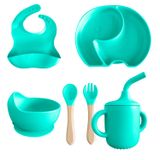 Conjunto Introdução Alimentar Para Bebê De Silicone 6 Peças Prato Talheres Copo Bowl E Babador