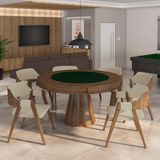 Conjunto Mesa De Jogos Carteado Bellagio Tampo Reversível Verde E 6 Cadeiras Madeira Poker Base Cone Linho Offwhite/nogueira G42 - Gran Belo