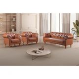 Conjunto Sofá Chesterfield 3 Lugares + 2 Poltronas Couro Ecológico Caramelo 302