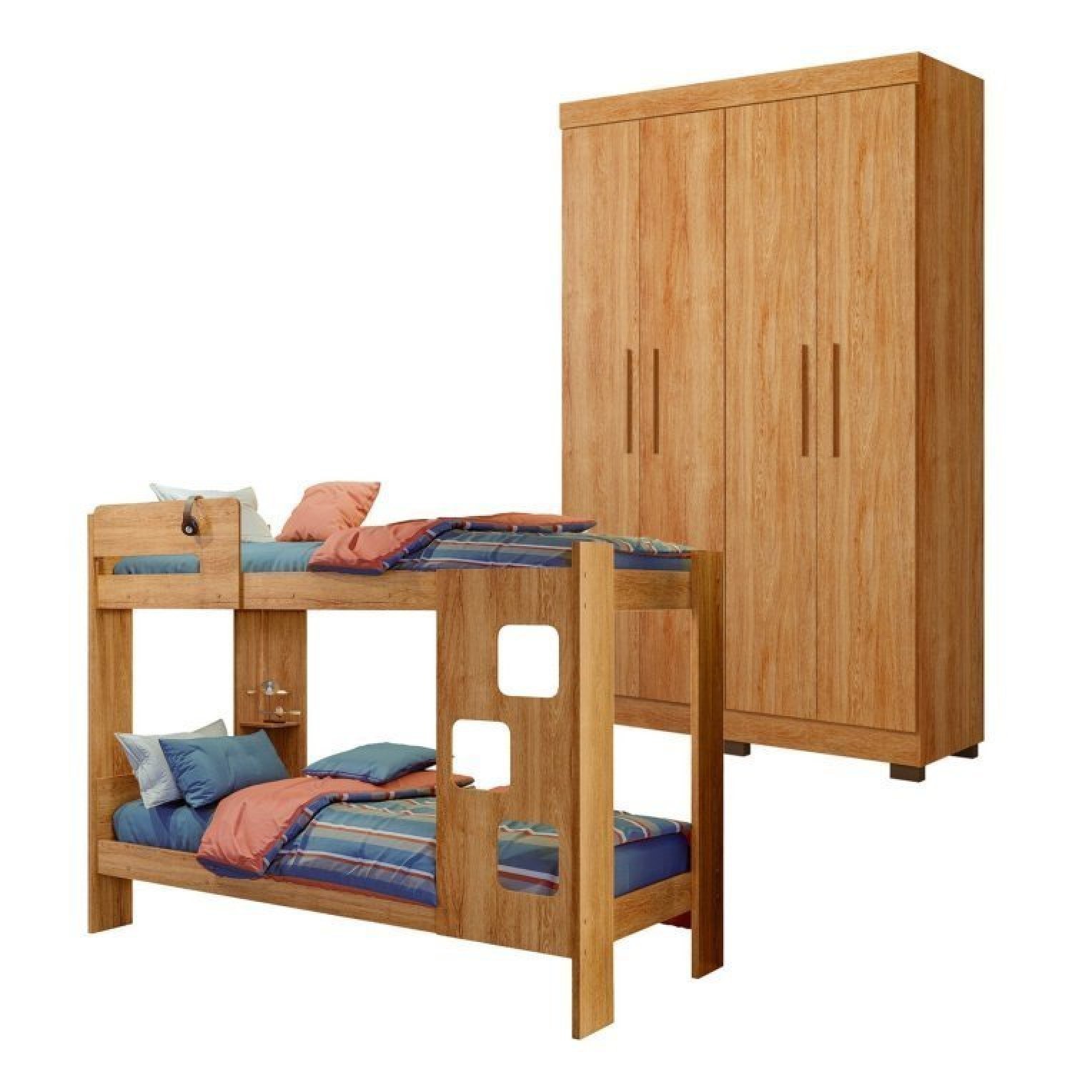 Quarto Infantil/juvenil Com Beliche Vegas E Guarda Roupa 4 Portas 3 Gavetas Flórida 100% Mdf  Amadeirado