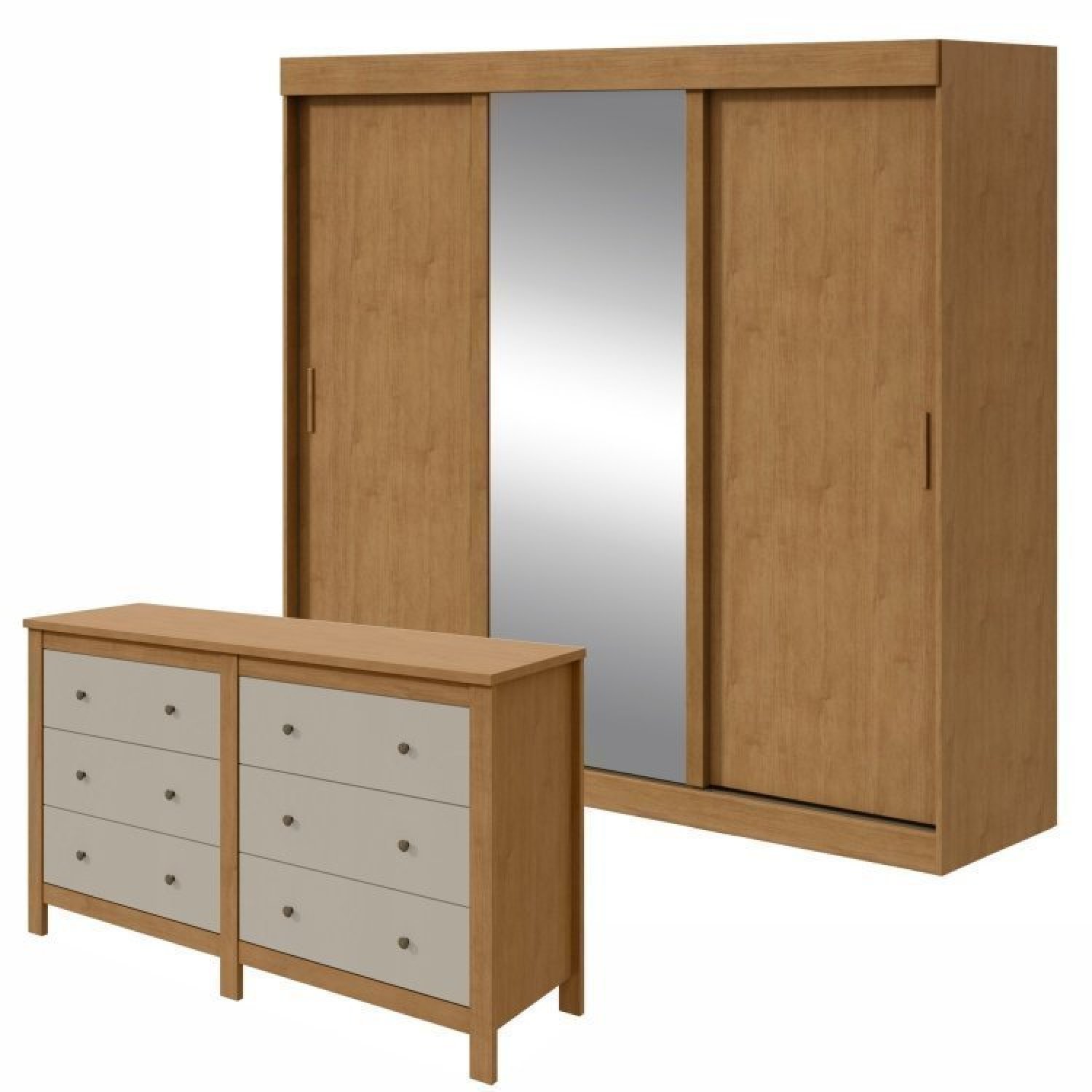 Conjunto De Guarda-roupa 3 Portas 3 Gavetas Saion Plus 1 Porta Glass e Cômoda Maggiore New  Amêndoa Clean/off White/amêndoa Clean