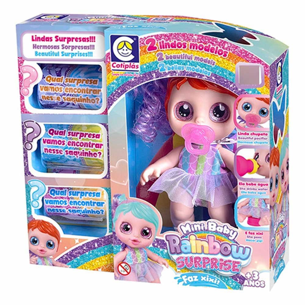 Boneca Mini Baby Rainbow Surprise Faz Xixi Com Mechas Lilas Cotiplas