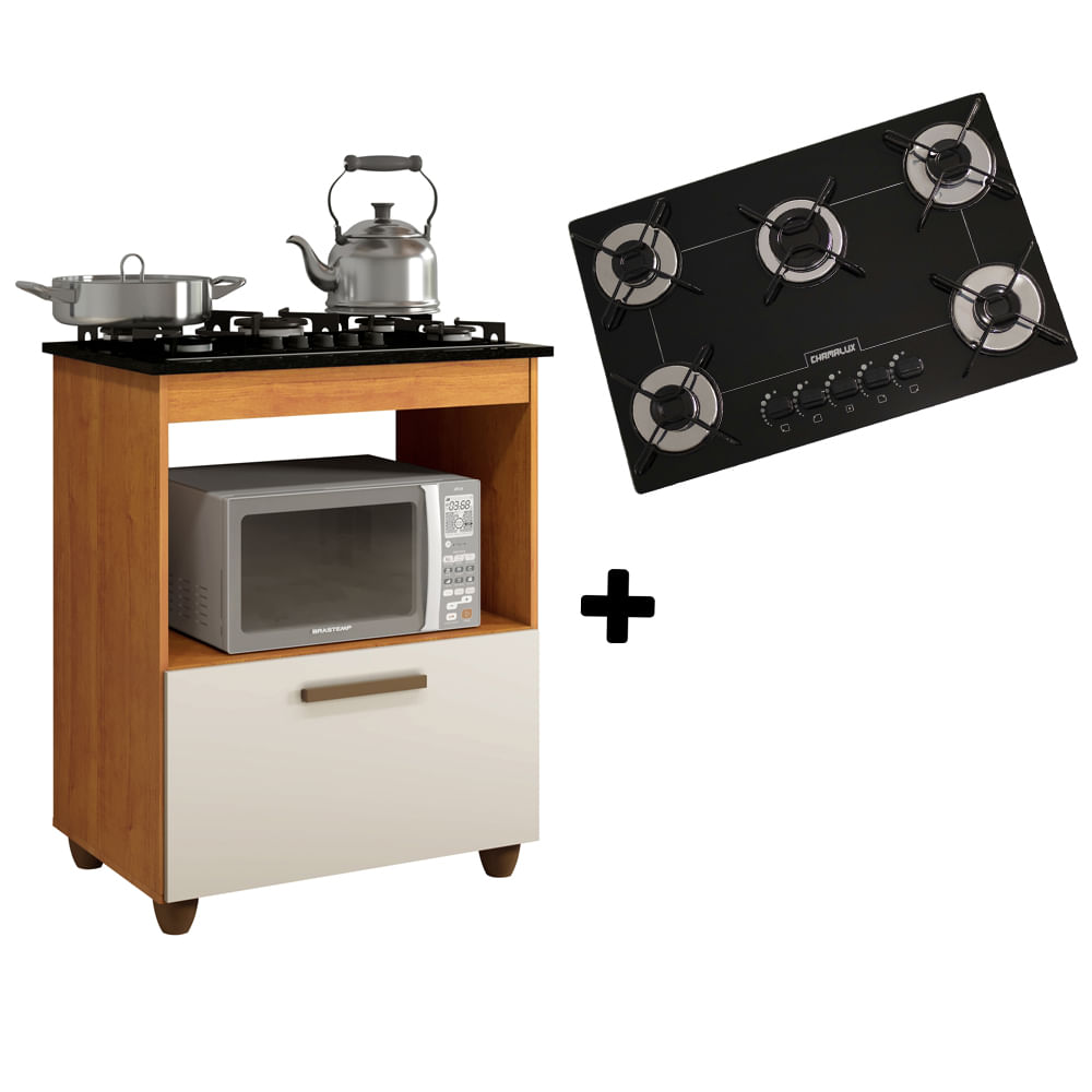 Kit Balcão Cooktop Cozinha Salvia Nature Off White E Fogão Cooktop Ultrachama 5 Bocas Preto