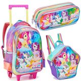 Kit Mochila Rodinhas Lancheira Estojo Escolar Unicornio