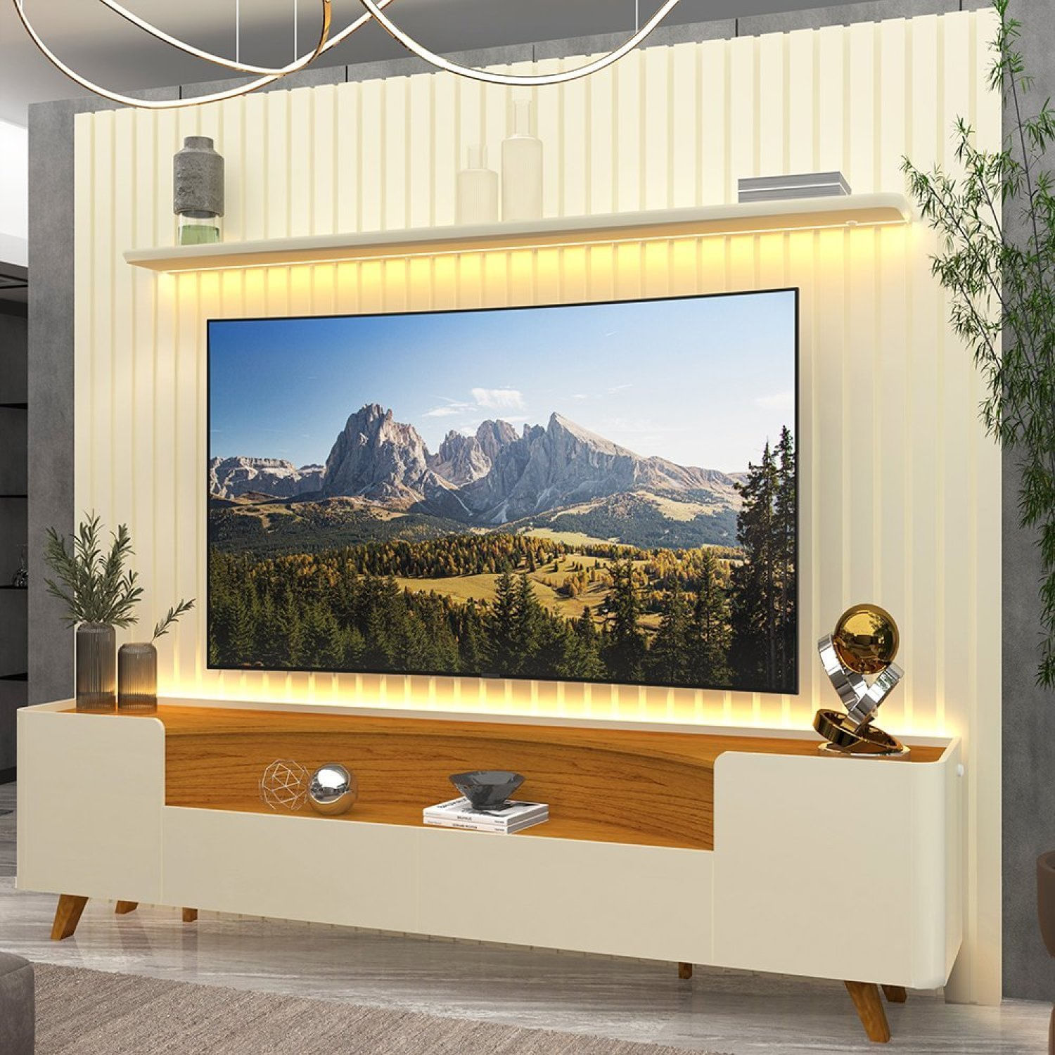 Rack Com Painel Ripado Para Tv Até 85 Polegadas Led Pés Madeira Nobre/infinity 230cm Off White/off White/naturale