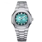Relogio Analógico Masculino Quadrado Luminoso Em Aço Inoxidável Impermeavel Azul Claro