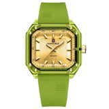 Relógio Feminino Pulseira De Silicone Classico Quadrado Elegante Impermeável 50m Verde Dourado