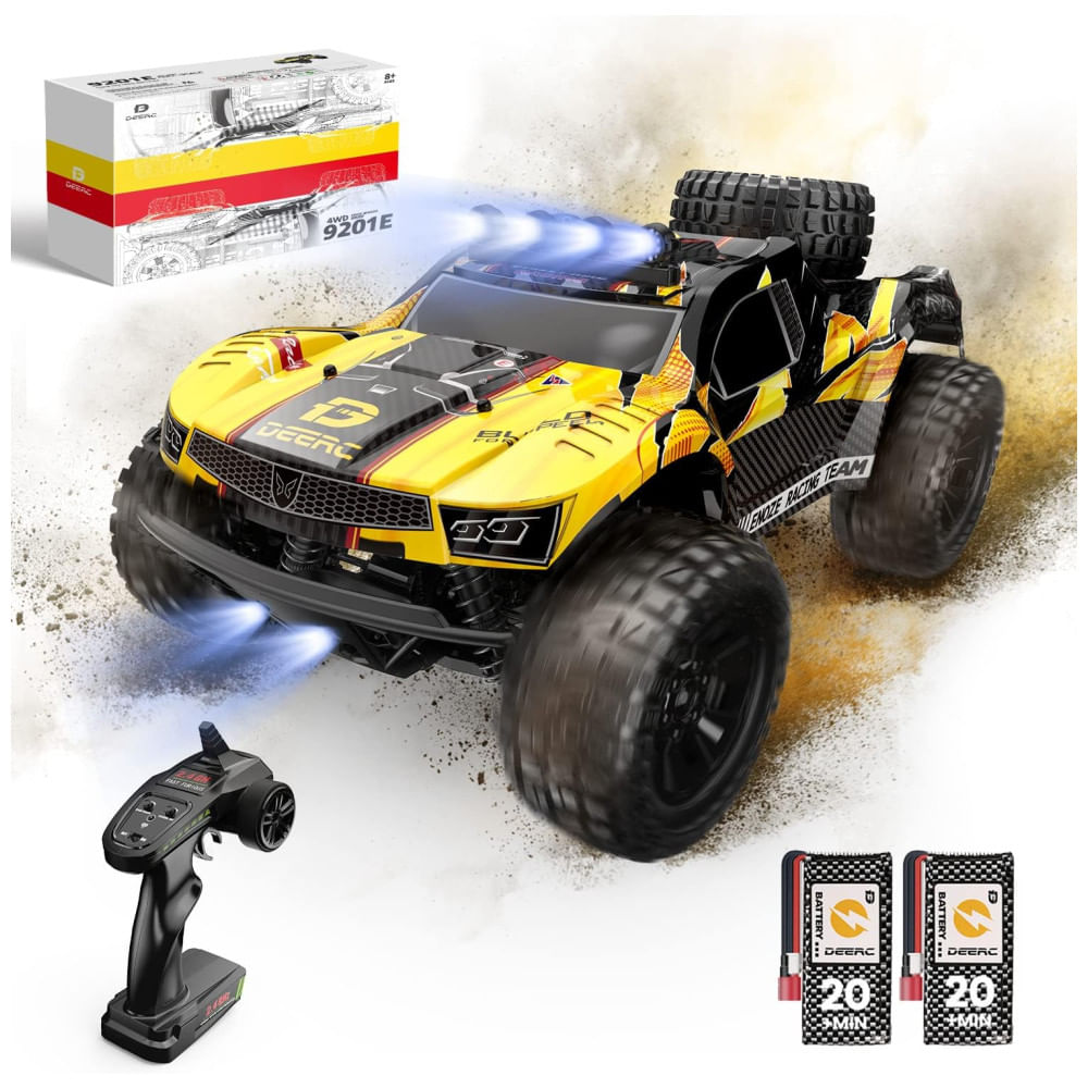 Carrinho De Controle Remoto Off Road 4x4, Escala 1:10 Com Luzes, Velocidade Até 48 Km/h E 2 Baterias Recarregáveis, Deerc 9201e, Amarelo