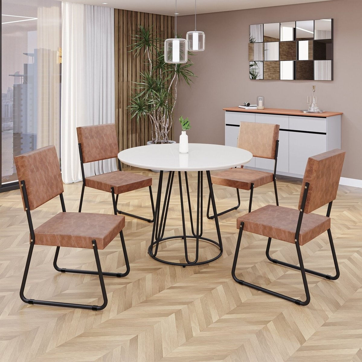 Conjunto Sala De Jantar Mesa Redonda 100cm Base Omega Tampo Mdf Laca Com Vidro Napoli Marrom / Preto