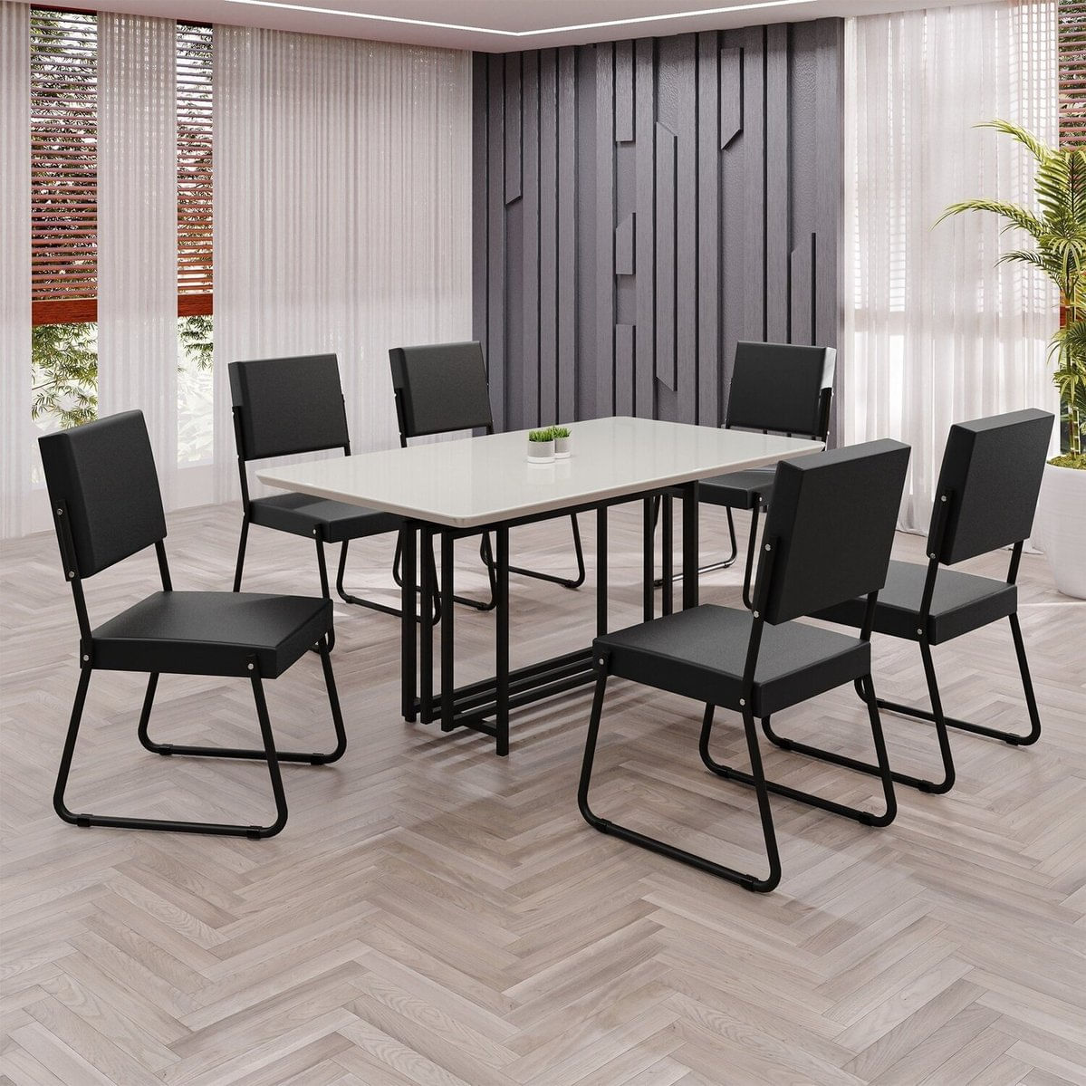 Conjunto Sala De Jantar Mesa 160x90cm Base Pérola Tampo Mdf Laca Com Vidro Napoli Preto