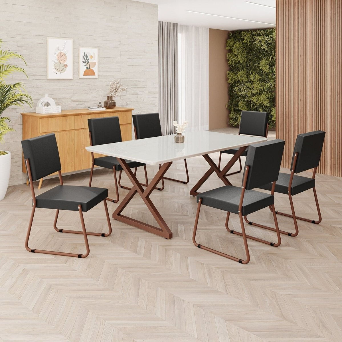 Conjunto Sala De Jantar Mesa 160x90cm Base Império Tampo Mdf Laca Com Vidro Napoli Preto/ Marrom