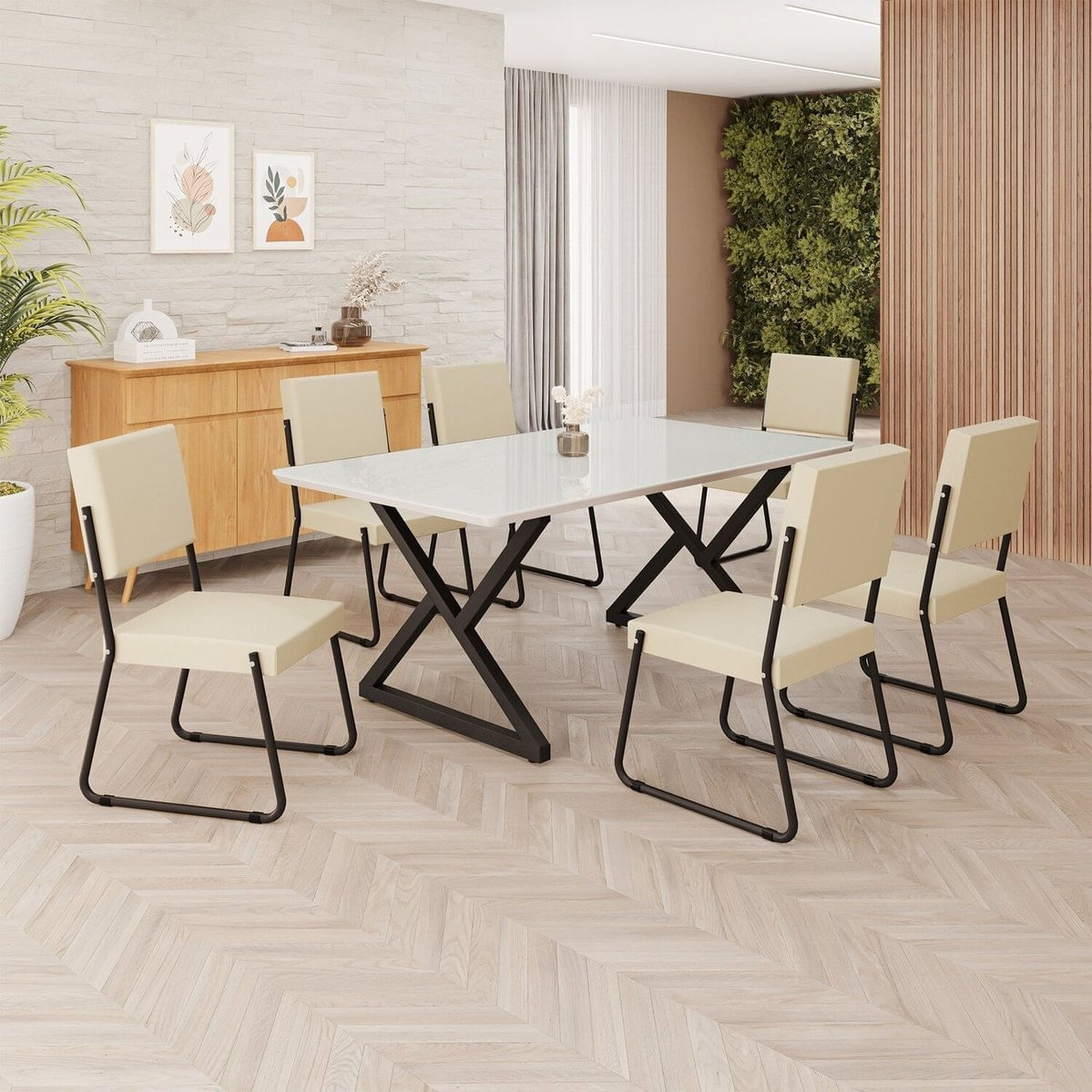 Conjunto Sala De Jantar Mesa 160x90cm Base Império Tampo Mdf Laca Com Vidro Napoli Creme / Preto